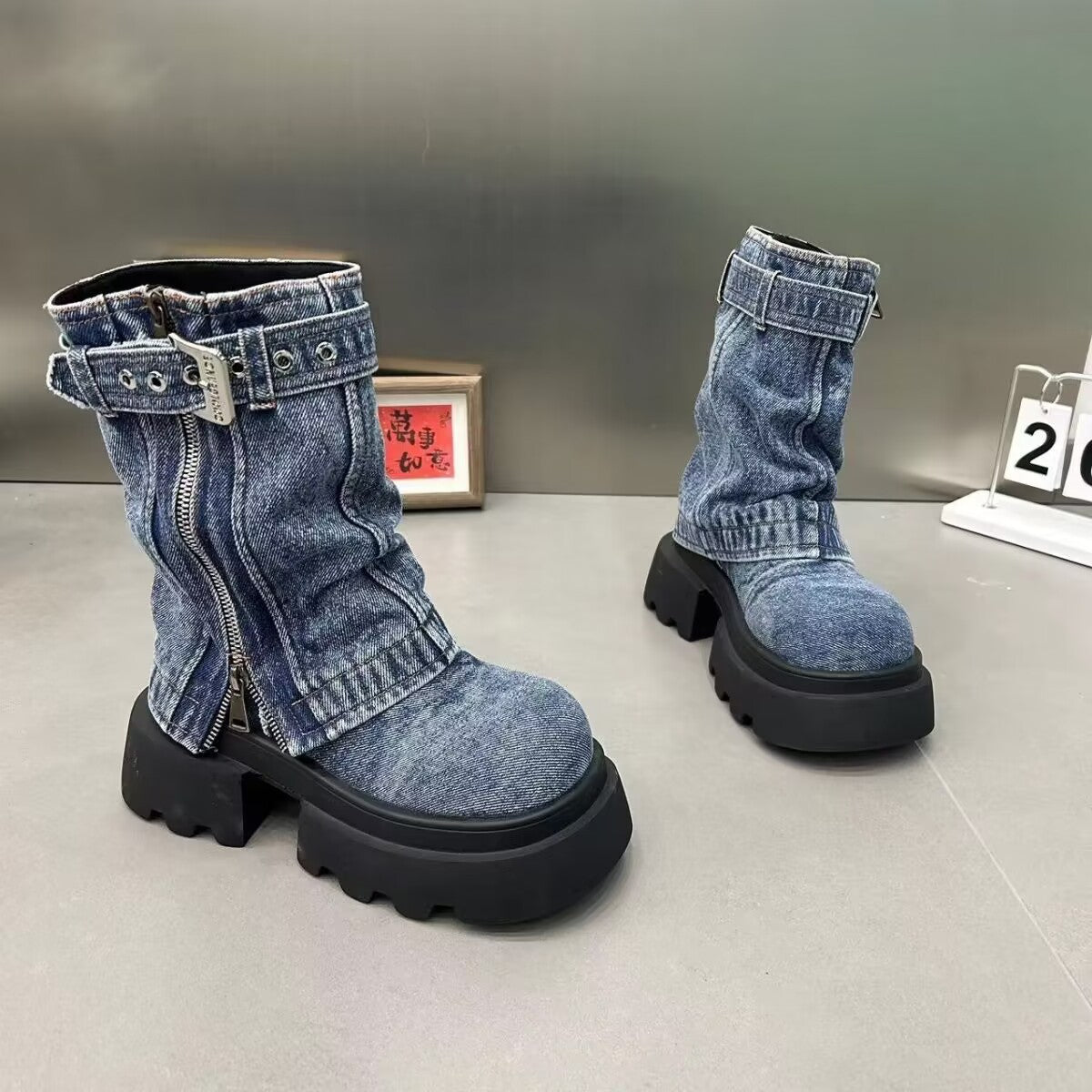 Martin Boots Denim Two Pieces Pile Style Boots Motorcycle Boots