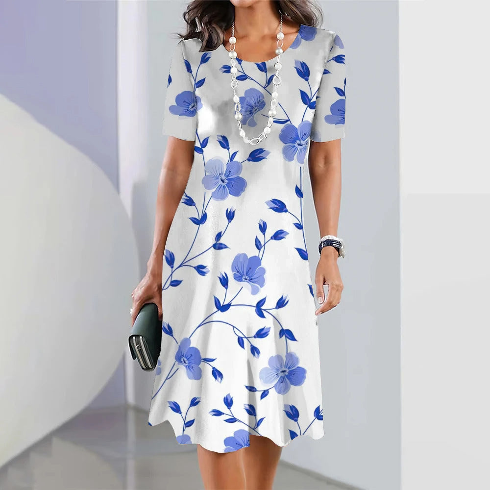 Flower Colorful Sweet Fresh And Loose Round Neck Dress
