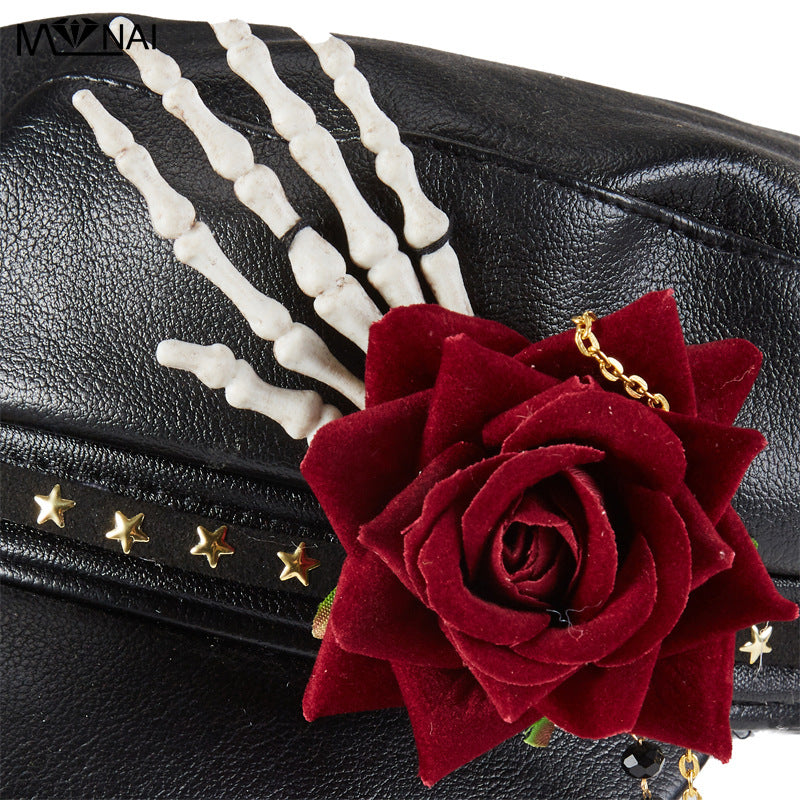 Steam Punk Goth Rose Bead Necklace Baseball Peaked Cap Skull Manual Alarm Bay Hat