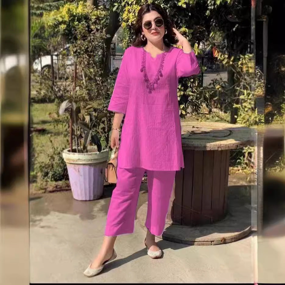 Fashion Pullover Solid Color Temperament Commute Ethnic Style Long Sleeve Clothes Two-piece Suit