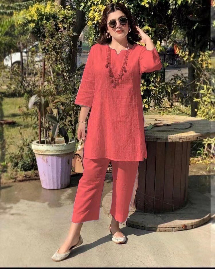 Fashion Pullover Solid Color Temperament Commute Ethnic Style Long Sleeve Clothes Two-piece Suit