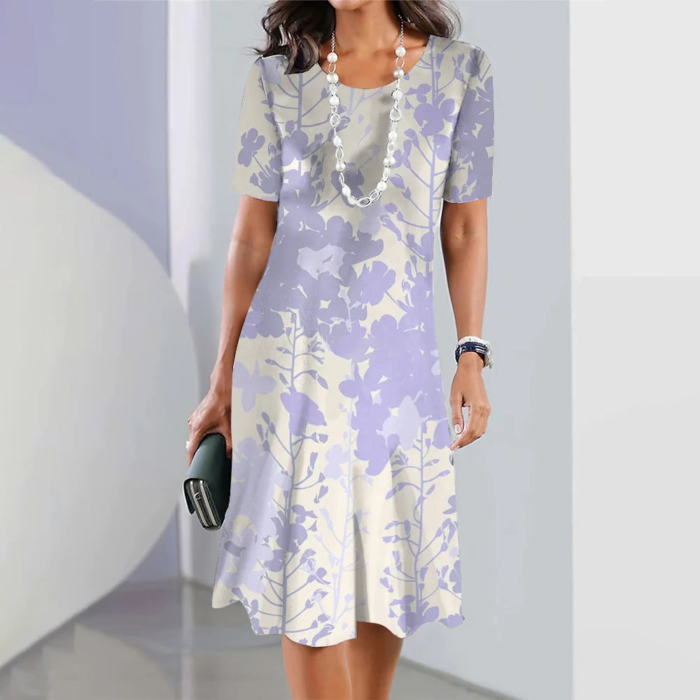 Flower Colorful Sweet Fresh And Loose Round Neck Dress