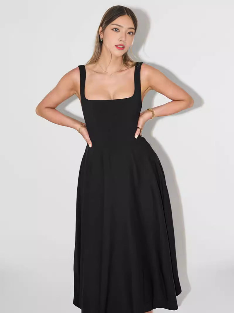 Solid Color Shoulder Strap Slim Fit Mid-length Dress