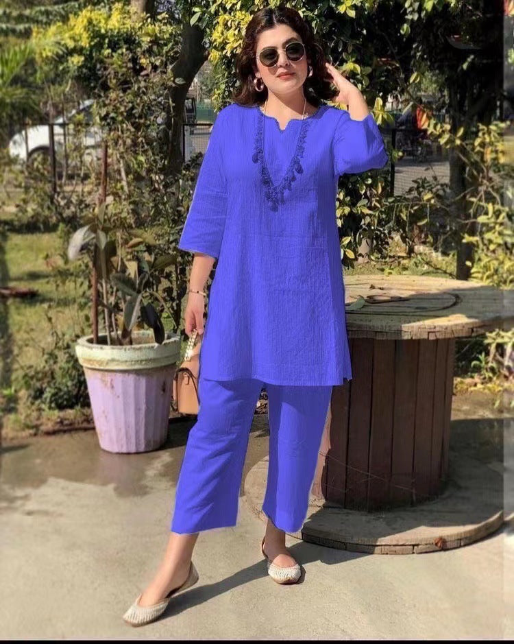 Fashion Pullover Solid Color Temperament Commute Ethnic Style Long Sleeve Clothes Two-piece Suit