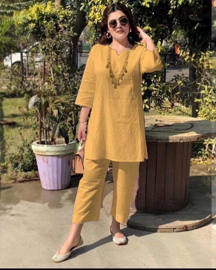 Fashion Pullover Solid Color Temperament Commute Ethnic Style Long Sleeve Clothes Two-piece Suit