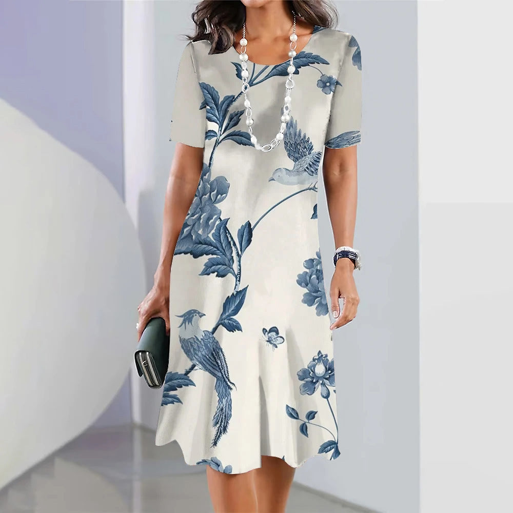 Flower Colorful Sweet Fresh And Loose Round Neck Dress