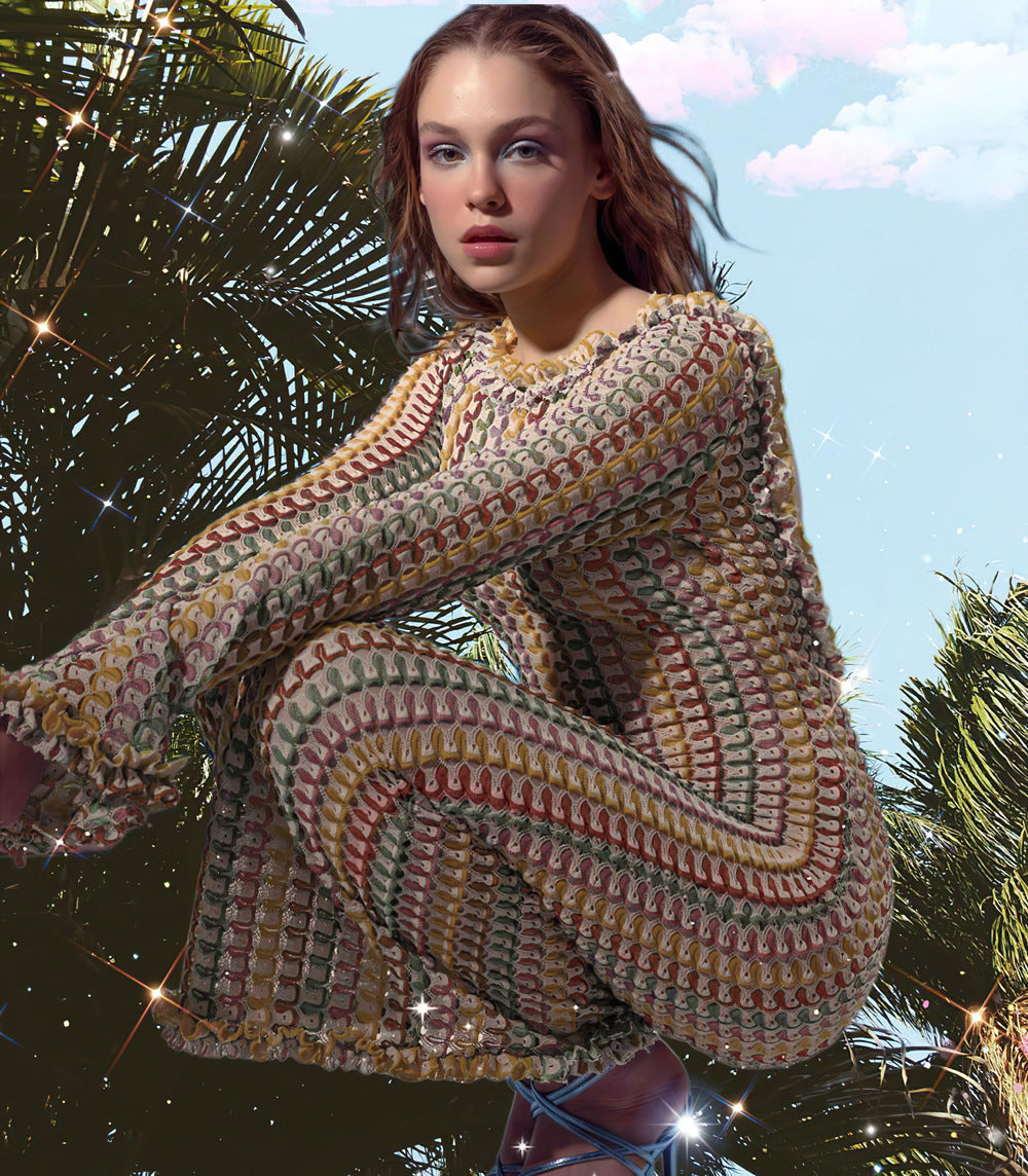 Popular Contrast Color Lace Backless Long Sleeve Dress