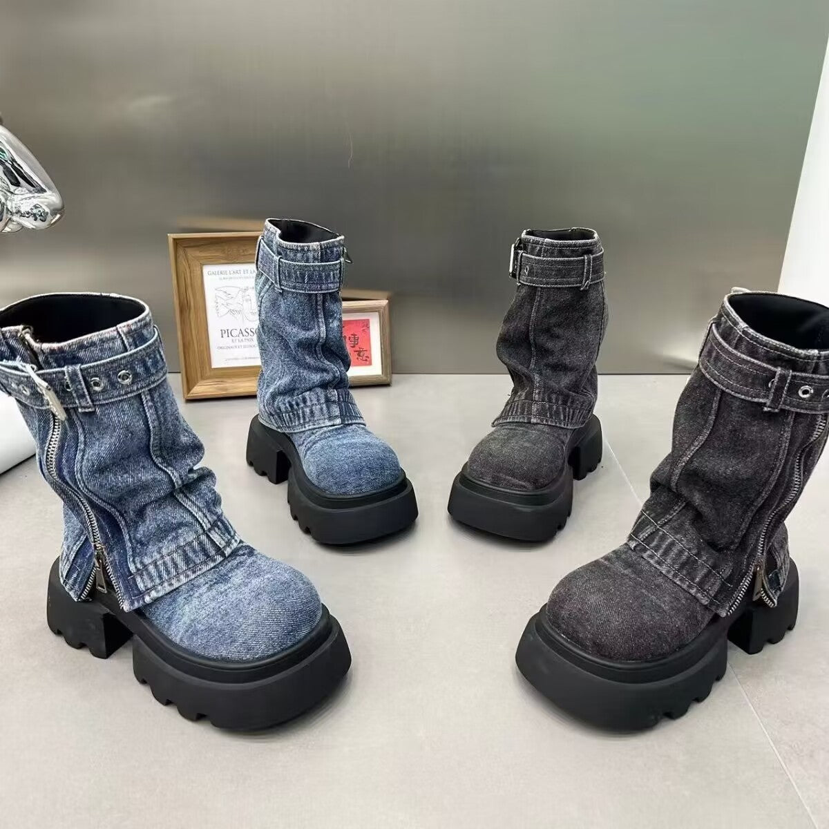 Martin Boots Denim Two Pieces Pile Style Boots Motorcycle Boots