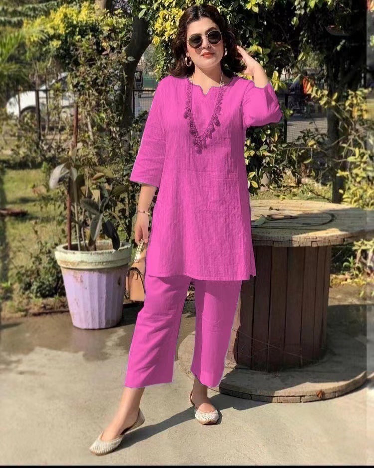 Fashion Pullover Solid Color Temperament Commute Ethnic Style Long Sleeve Clothes Two-piece Suit