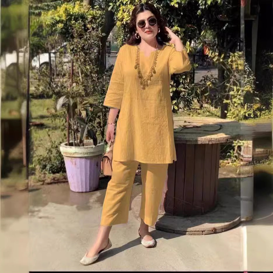 Fashion Pullover Solid Color Temperament Commute Ethnic Style Long Sleeve Clothes Two-piece Suit