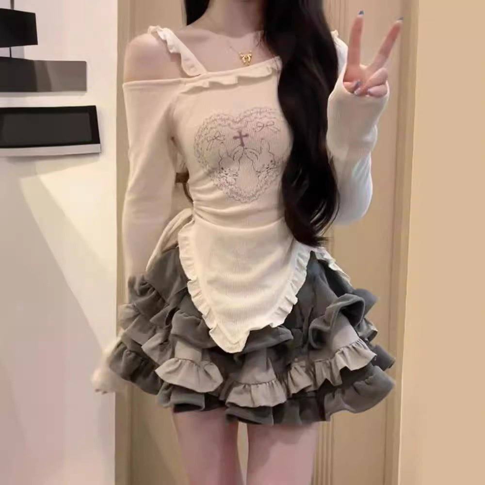 Sweet Cool Hot Girl Style Printed T-shirt Skirt Suit