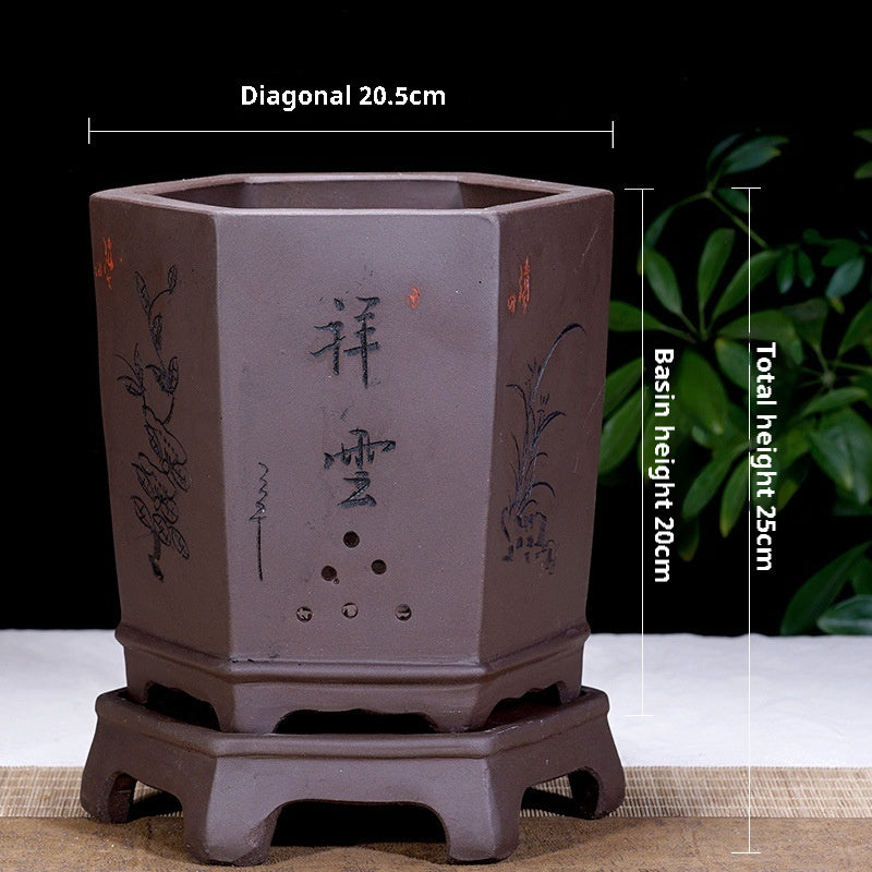 Fine Zisha Flowerpot Hand-carved Hexagonal