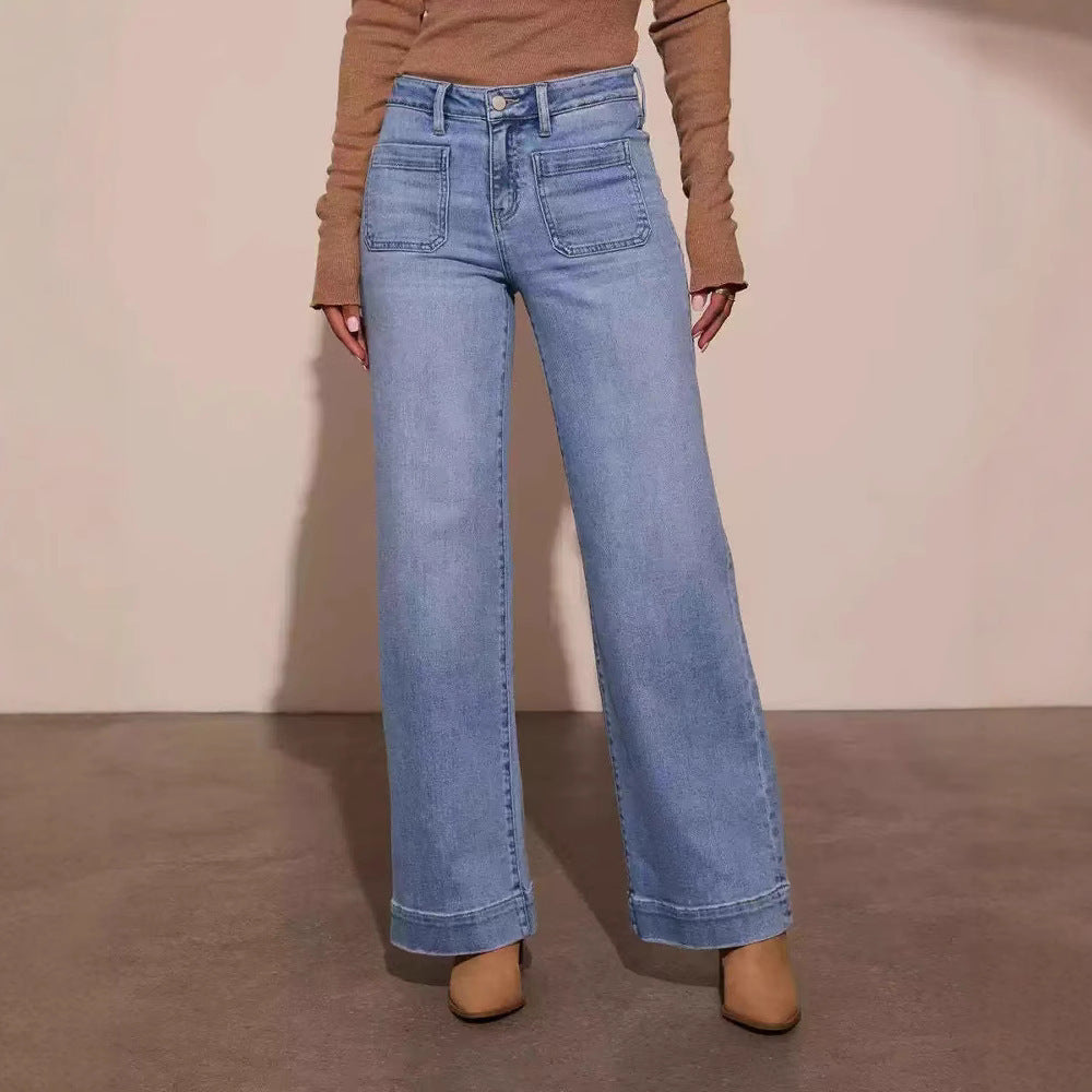 Cropped Style Wide Leg Women's Clothing Oversized Jeans, Shade Blue