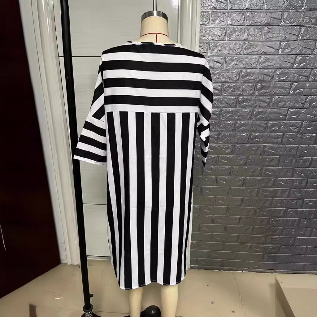 Striped Round Neck Loose Stitching Dress