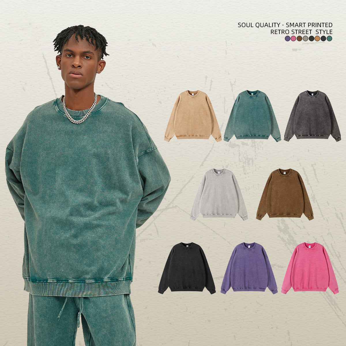 Men's Waxed Heavy Round Neck Sweater Fashion Brand Pure Color Washed Retro Top