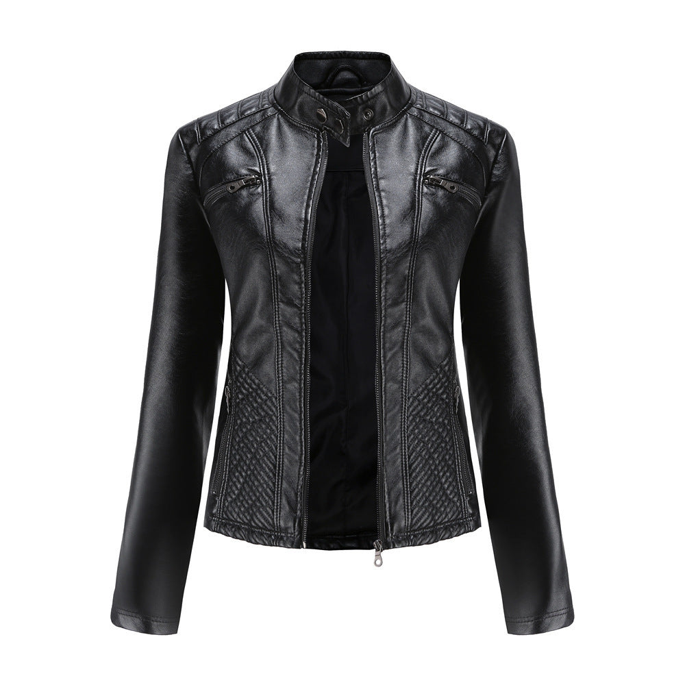 Women's Fashion Standing Collar Faux Leather Slim Type Without Belt Long Sleeve Jacket