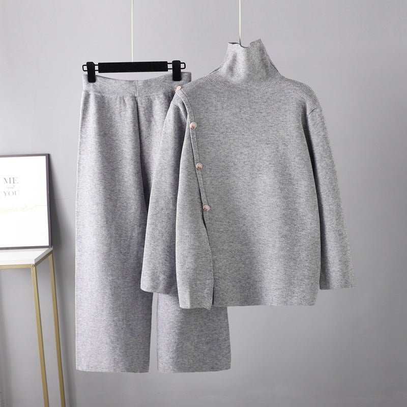 Design Sense Niche Stand Collar Slit Knitted Turtleneck Sweater Anti-aging Casual Wide Leg Pants Two-piece Set