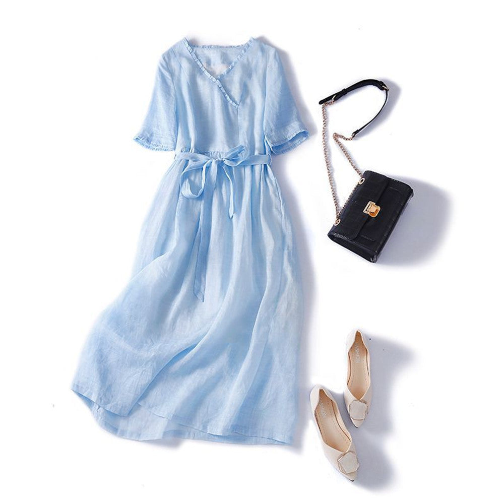 Cotton Linen Thin Lace Vintage Art Belt V-Neck Skirt