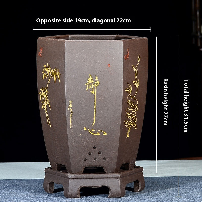 Fine Zisha Flowerpot Hand-carved Hexagonal