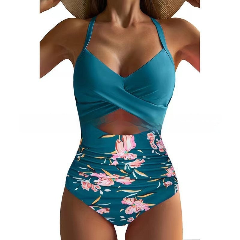 Color Matching Sexy Cutout Cross Swimsuit With Shoulder Straps Female
