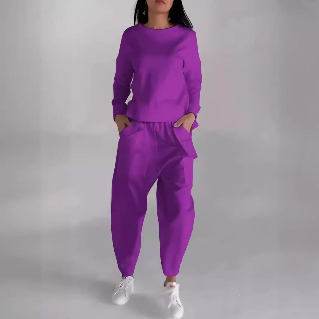 Women's Round Neck Long-sleeve Suit Pocket