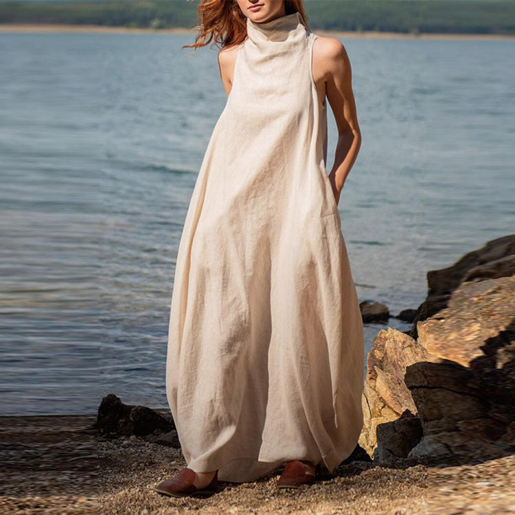 Leisurely Fashion Ladies Stand Collar Back Wrinkle Linen Extra Long Dress