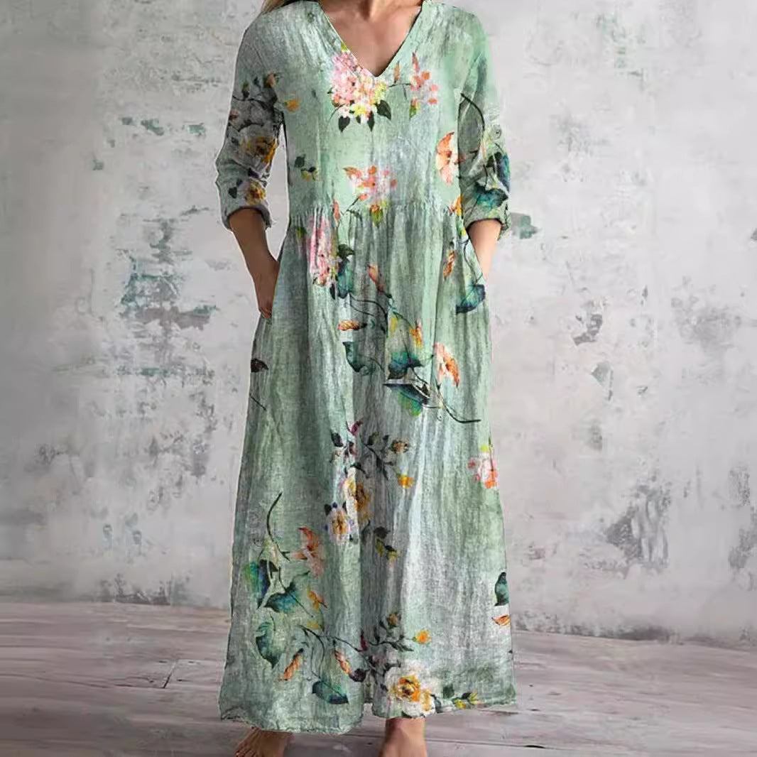 Casual Women's Fashion Floral Print Mid-length Dress