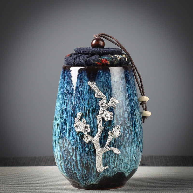 Ceramic Tea Sealed Jar With Inlaid Flowers
