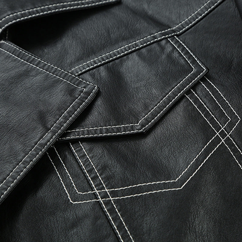Lapel Topstitched Decorative Pu Motorcycle Jacket Women's Leather Jacket