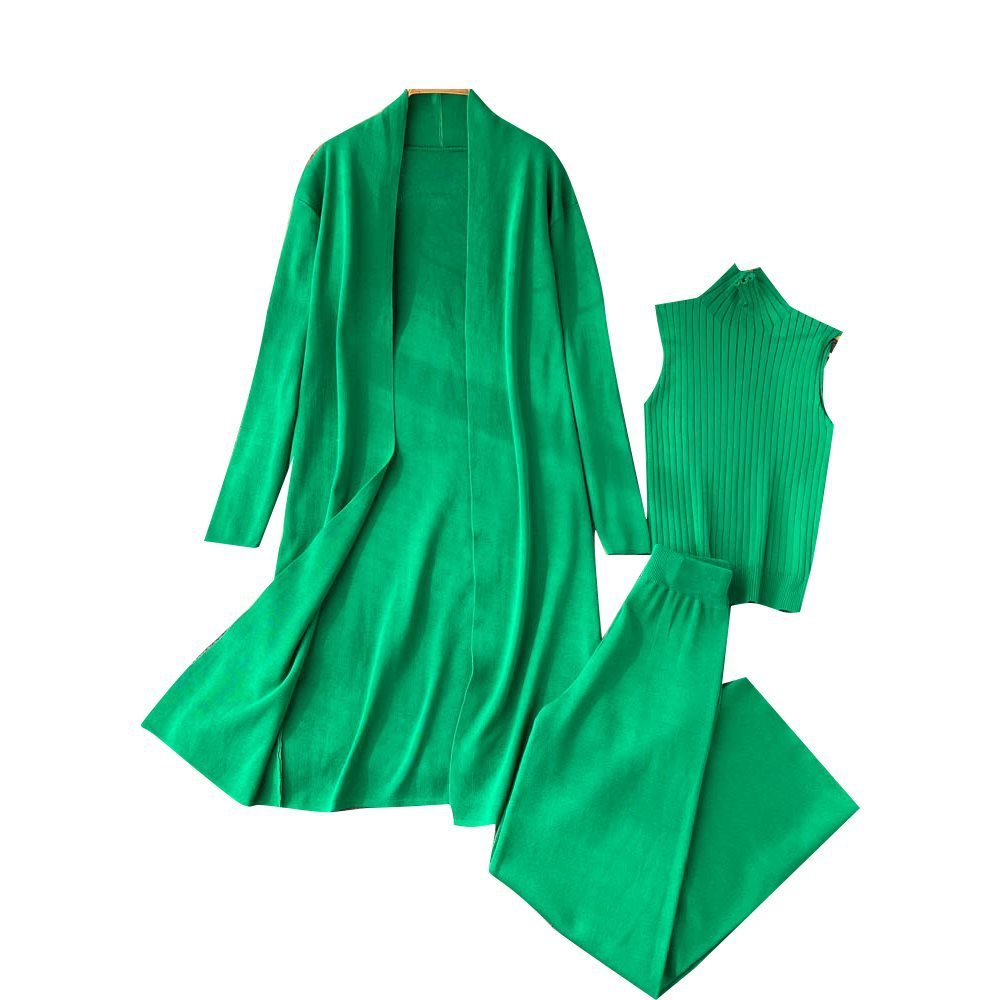 Autumn New Lazy And Loose Knitting Suit Women's Long Shawl Cardigan Turtleneck Sweater Wide Leg Pants Three-piece Set