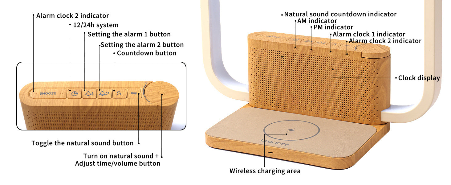 Bedside Lamp Double Alarm Clock 10W Wireless Charging Natural Sound Wake-up Light