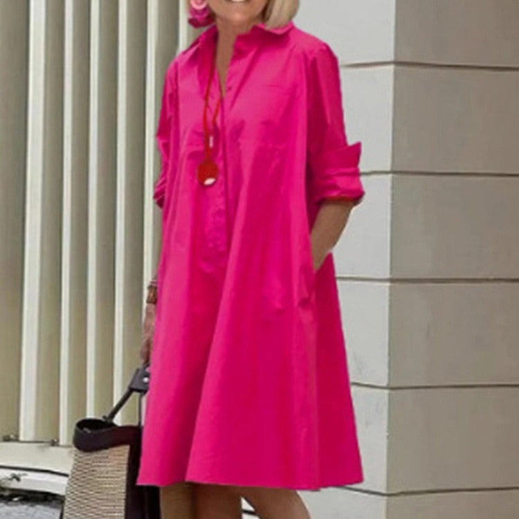 New Long Shirt Solid Color Temperament Commute Simple Lapel Cardigan Dress