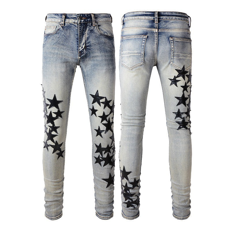 High Street Blue Five-pointed Star Stretch Slim Jeans