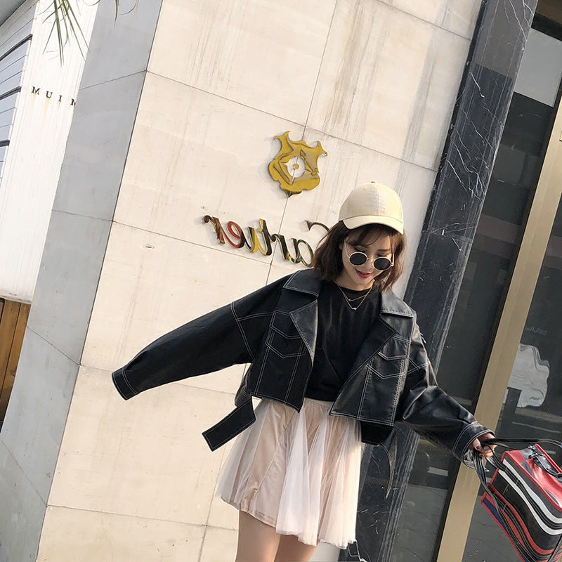 Lapel Topstitched Decorative Pu Motorcycle Jacket Women's Leather Jacket