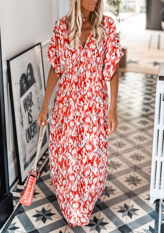 Summer Printed V-neck Short Sleeve Women's Loose Dress