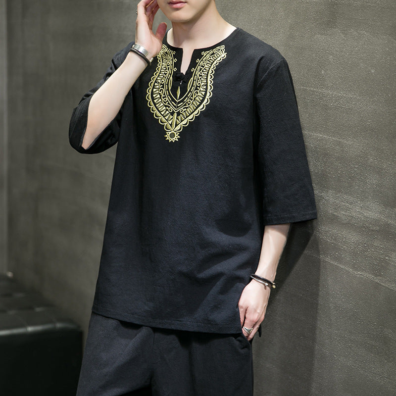 Embroidered National Tide Five-point Sleeve T-shirt