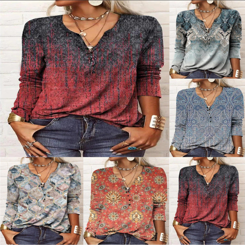 Women's Casual Ethnic Style V-neck Long-sleeved T-shirt