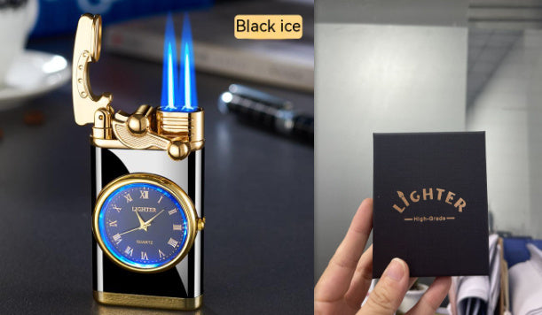 New Lighter With Electric Watch Rocker Arm Automatic Ignition Straight Blue Flame Lighter Creative Real Dial Inflatable Windproof Lighter Men's Watch Gift