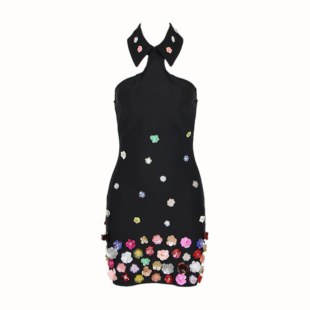 Flower Halter Bandage One-piece Dress Short