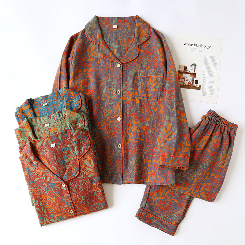 Cotton Yarn-dyed Jacquard Vintage Leaf Pajamas Suit Women
