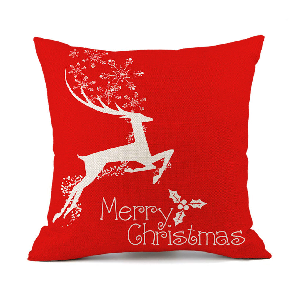 Christmas Elk Santa Claus Red Festive Printed Linen Cushion