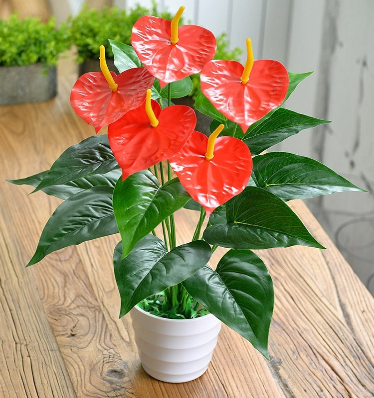 Artificial Green Plant 18 Head Anthurium Andraeanum Lind Flower Plastic Fake Flower Decorative Basin