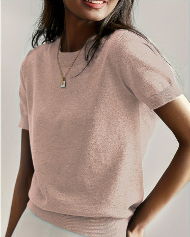 Simple Niche Round Neck Solid Color French Short Sleeve Sweater Sweater