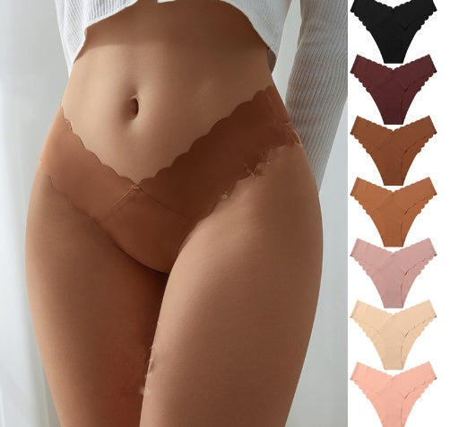 Wavy Lace V-shaped Waist Seamless Ice Silk Girl's Underwear One-piece Large Size Pure Cotton Crotch Women's Briefs