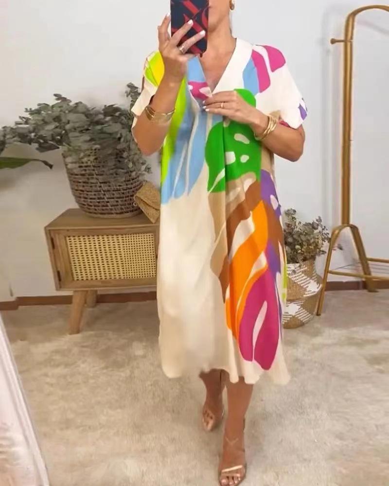 New European And American Women's Clothing Printed Loose Printed Short Sleeve Dress