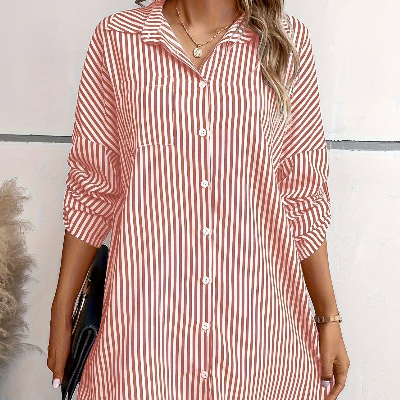 Striped Pockets Loose Commuter Shirt Dress