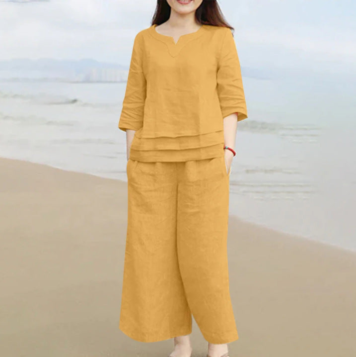 Casual Women Loose Solid Color Shirt Trousers Suit