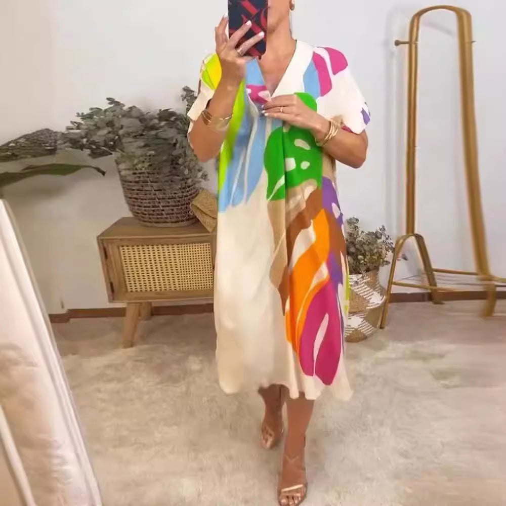 New European And American Women's Clothing Printed Loose Printed Short Sleeve Dress