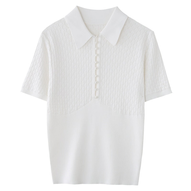 White Polo Collar Short-sleeved Sweater