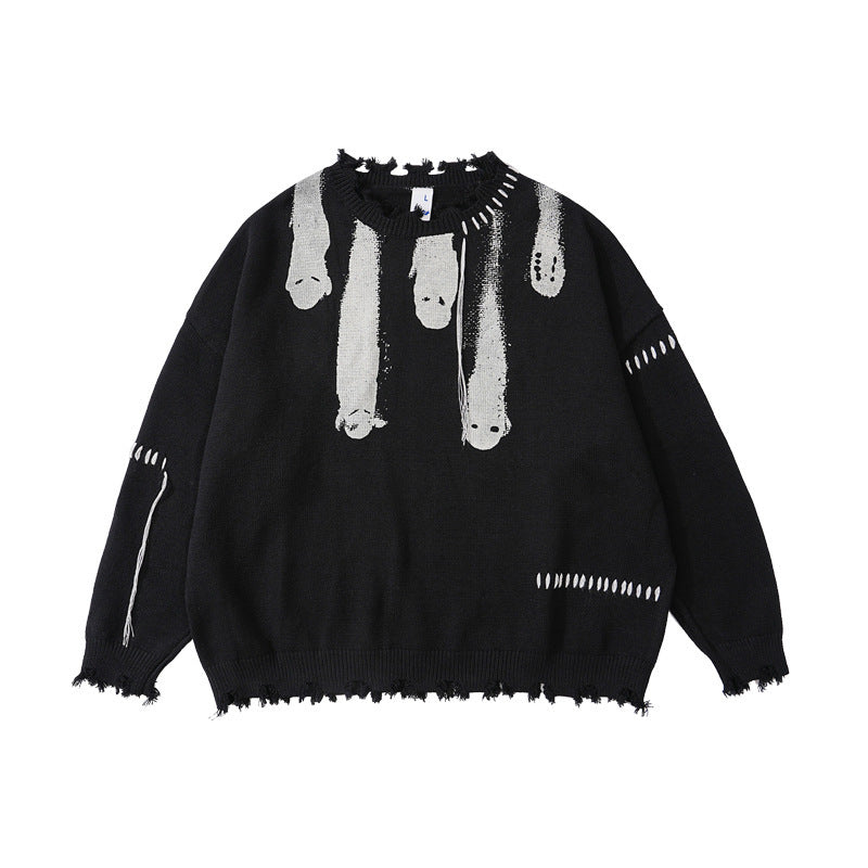 CREW NECK KNIT Collar Fringe Printed Wool Top